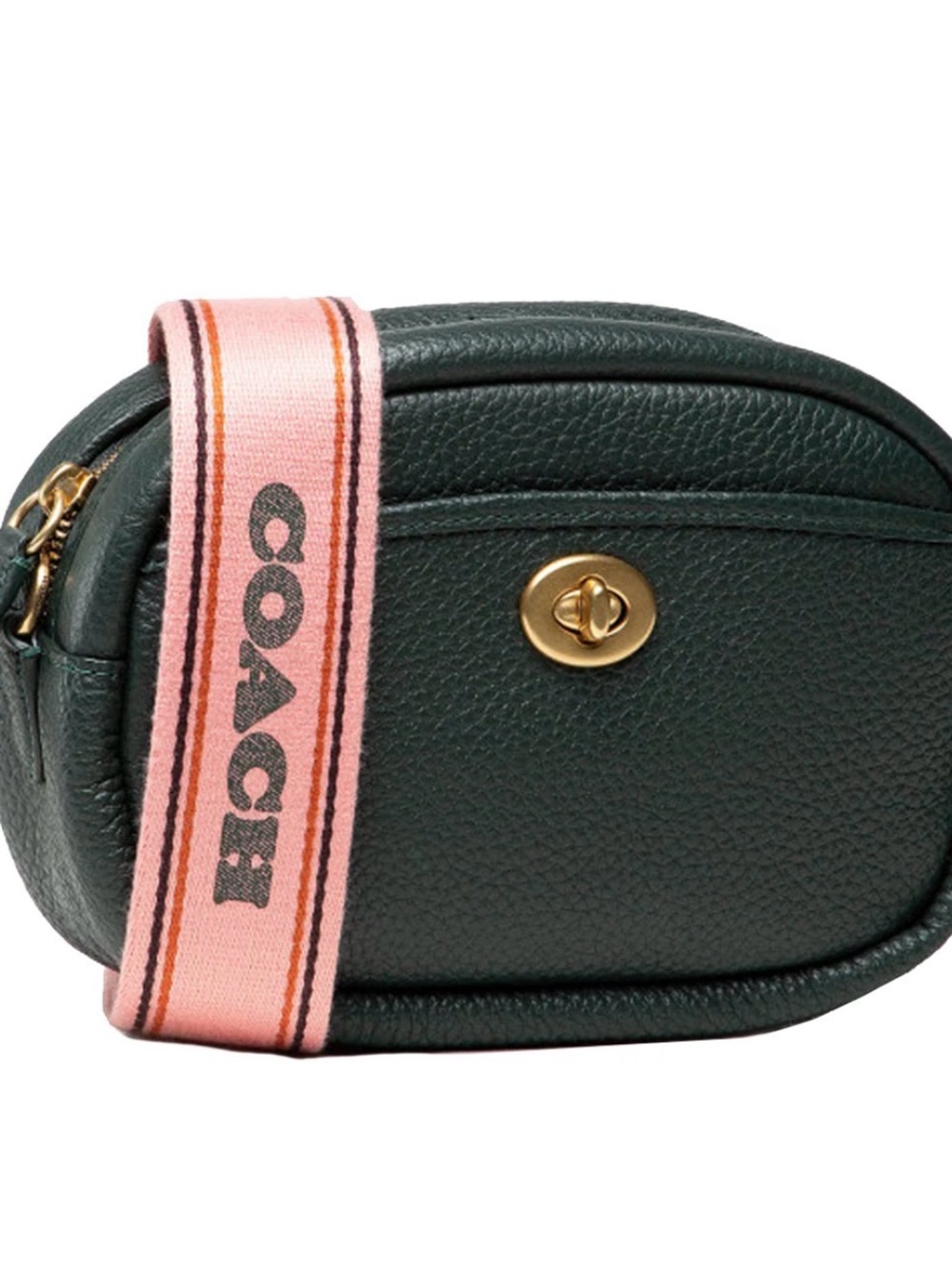 Coach camera Dark Green Pebbled Leather Crossbody with Pink Logo Strap